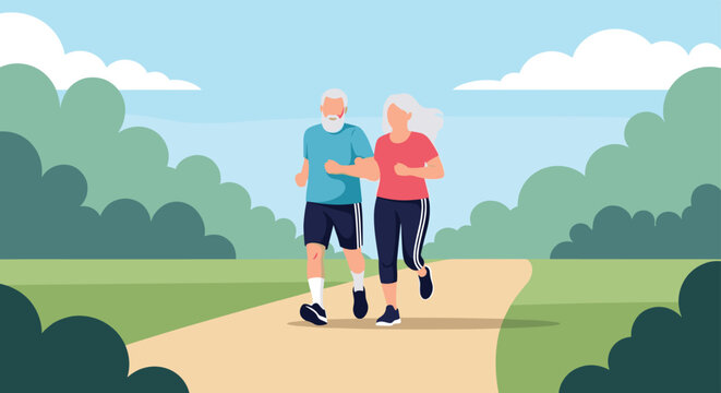 Elderly couple jogging together on a path in a park as a concept for healthy lifestyle and active retirement.