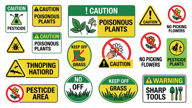 Garden safety warning signs collection, poisonous plants and pesticide caution labels, keep off grass and sharp tools vector set isolated PNG with Transparent Background
