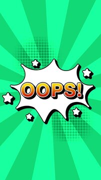 Oops text word lettering popup comic cartoon reveal with bomb and smoke explosion manga anime book page dots radial speed lines doodle teal background seamless loop vertical animation retro