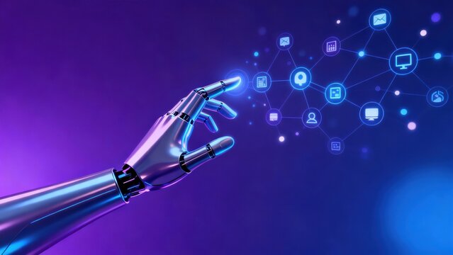 Robot hand with digital network icons