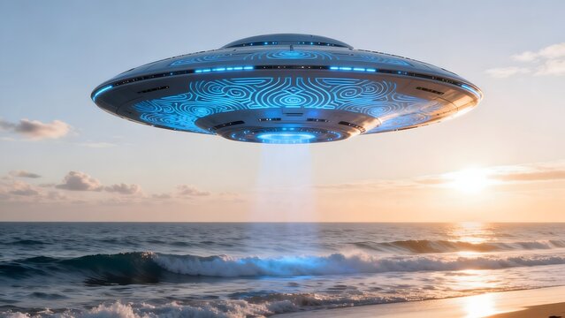 UFO hovering over ocean at sunset
