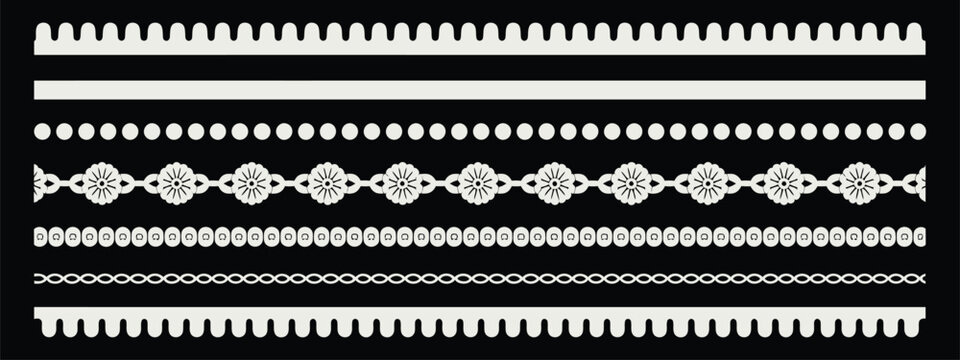 White Lace Border Trims Vector Set with Scalloped Edges, Floral Cutouts and Vintage Ribbon Stripes for Invitations and Textile Design