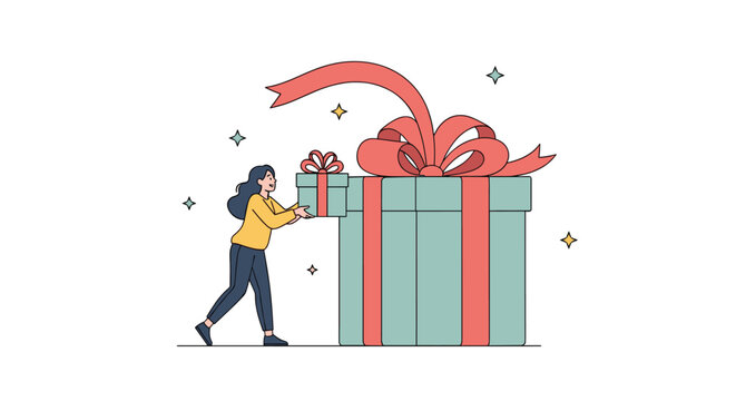 Young woman happily handing over a massive green gift box with a red ribbon to symbolize generosity and celebration.