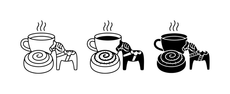 Swedish Fika Icons: Cinnamon Buns, Coffee Cups, Dala Horses, Vector Set