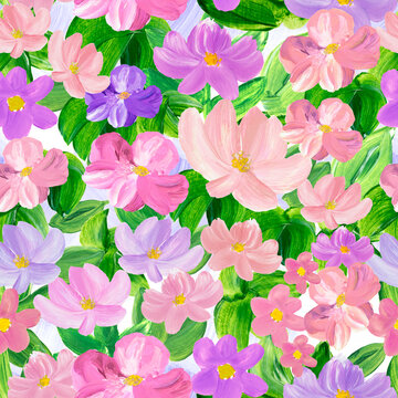 Seamless pattern of abstract pink flowers, art painting, creative hand painted background, brush texture, acrylic painting on canvas.