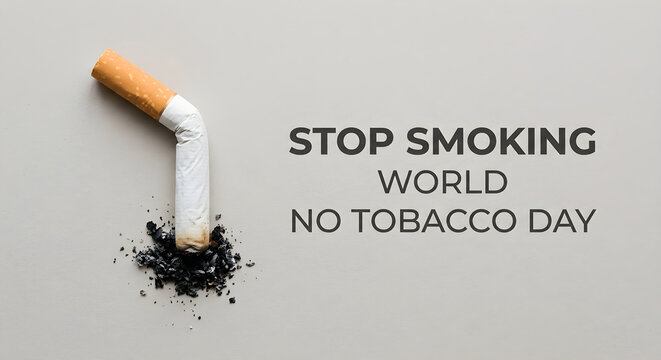 Broken cigarette with scattered tobacco and stop smoking message on plain background