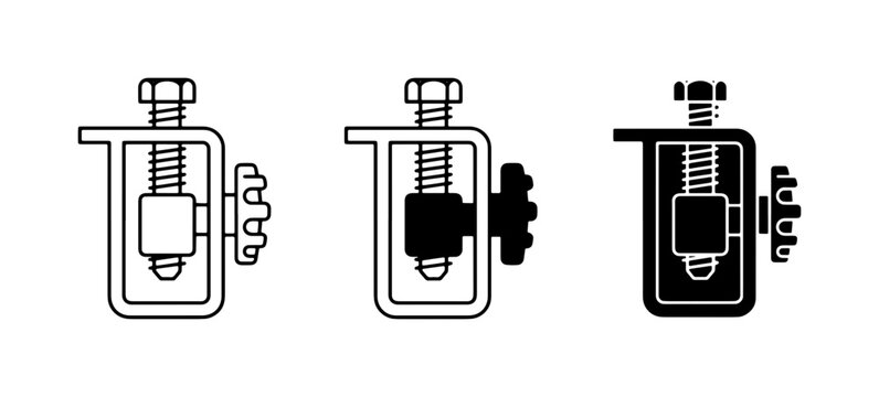 Adjustable Clamp Icons, Metal Fastener Vector Set, Mechanical Grip Symbols