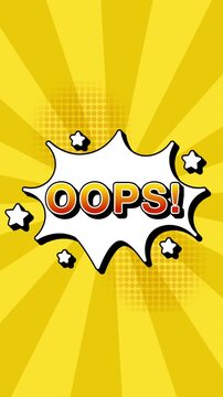 Oops text word lettering popup comic cartoon reveal with bomb and smoke explosion manga anime book page dots radial speed lines doodle yellow background seamless loop vertical animation retro
