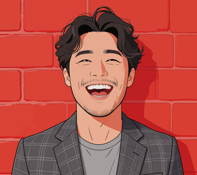 Cheerful East Asian man laughing in front of red brick wall