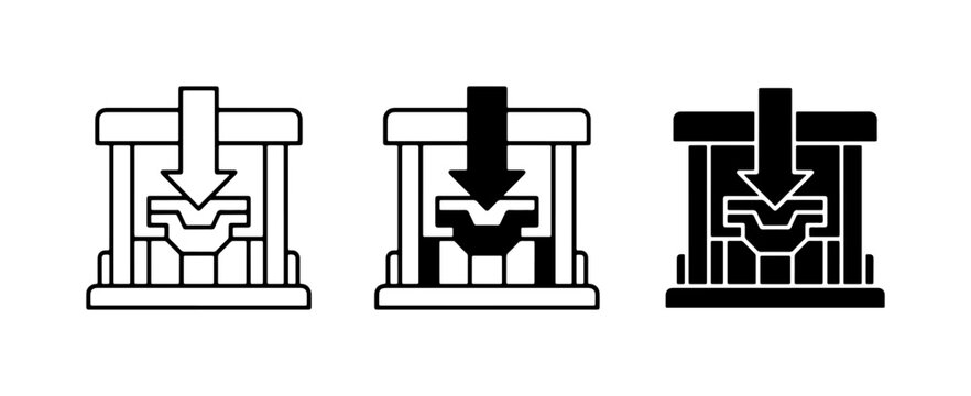 Industrial hydraulic press icons, metal stamping machine symbols, 3 factory equipment vectors