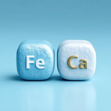 Minimalist 3D render displays soft rounded iron (Fe) and calcium (Ca) mineral supplement blocks: textured sky-blue Fe block with raised white lettering, cream Ca block with raised light gold