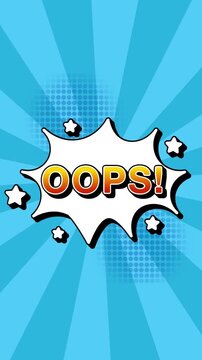 Oops text word lettering popup comic cartoon reveal with bomb and smoke explosion manga anime book page dots radial speed lines doodle sky blue background seamless loop vertical animation retro