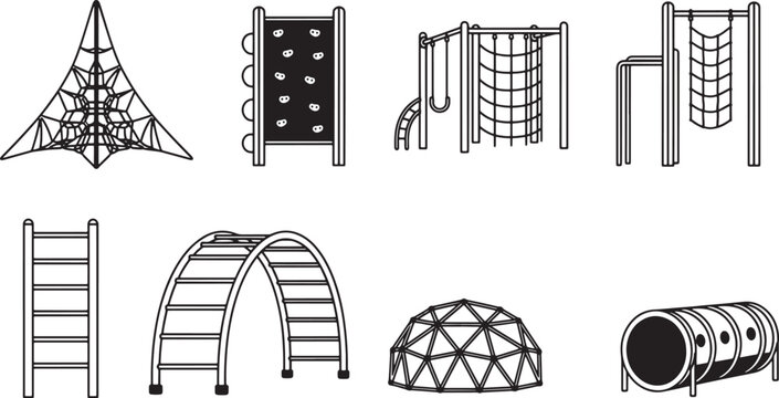 Set of playground equipment icons featuring climbing structures, slides, tunnels, and monkey bars in a simple black line art style