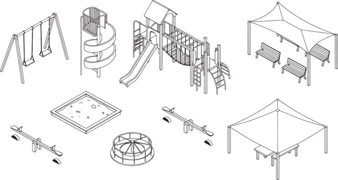 Playground equipment set with swings slide sandbox merry go round and park benches in isometric line art vector illustration