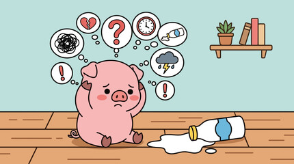 Concerned pink piglet sitting alone. © freya