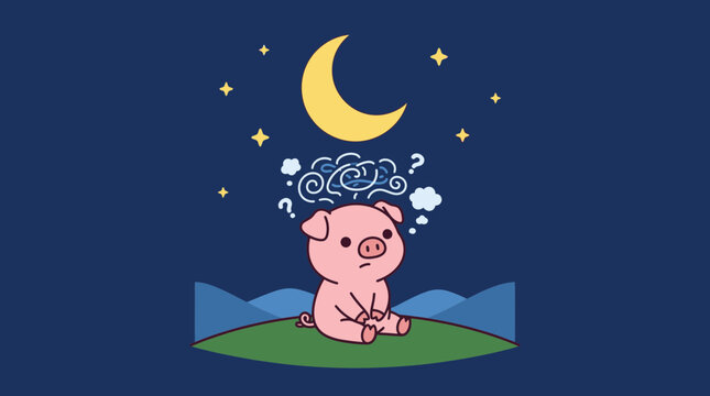 Cute little pink pig thinking deeply.