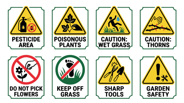 Garden safety warning signs collection, pesticide area and poisonous plants caution labels, set of 8 landscaping hazard vector icons isolated PNG with Transparent Background