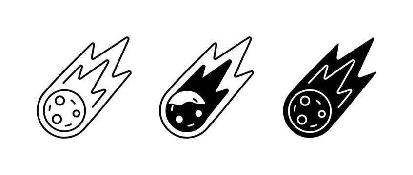 Falling meteor icon set, flaming comet vector illustrations, black and white asteroid symbols