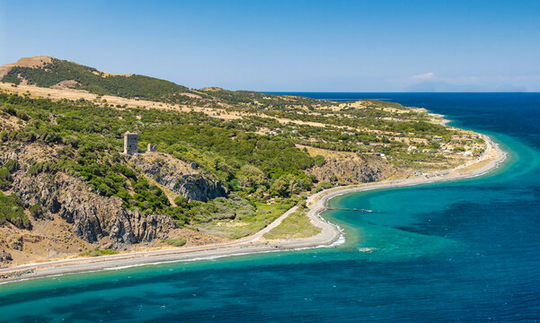 Aerial View of the Gattilusi Towers of Paleopolis Samothrace Greece