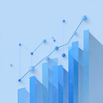 Modern flat and light skeuomorphic style business finance data visualization illustration with soft light sky blue background, upward trending bar chart and line chart with blue gradient tones