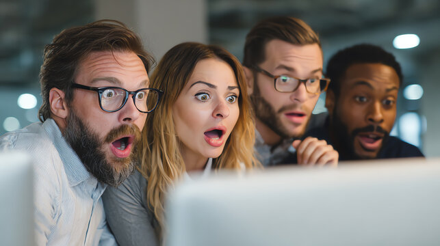 A group of professionals showing surprise and excitement while watching something engaging on a computer screen in an office environment.