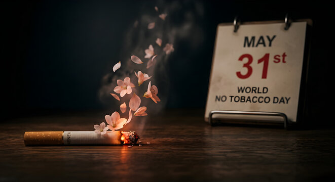 Burning cigarette with smoke and calendar marking World No Tobacco Day on May 31st