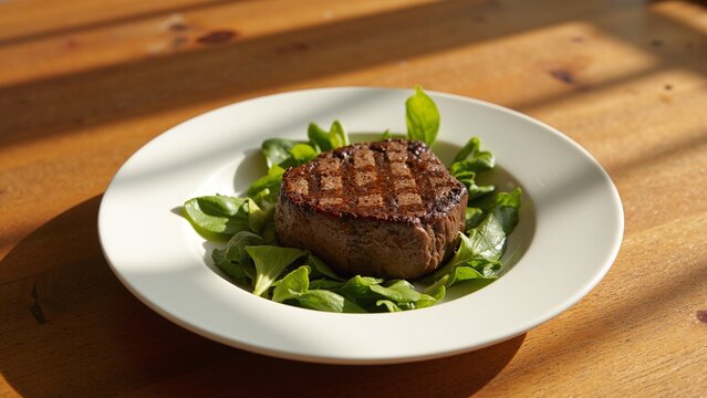 A close-up image of a grilled steak and salad on a white plate.