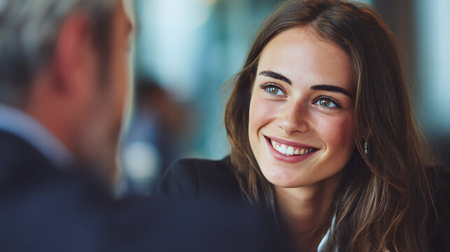 A professional woman smiling during a business meeting, showcasing confidence and positive communication skills.