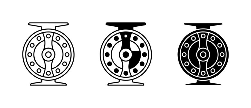 Fishing Reel Icons, Vintage Fly Fishing Gear, Retro Angling Equipment, Set of 3 Vector Illustrations