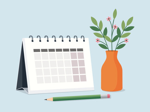 Monthly calendar with a green pencil and flower vase for effective time management and scheduling. Isolated flat vector illustration for planning, business meetings work tasks, daily events
