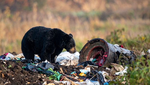 ツキノワグマがゴミ捨て場で餌を漁る様子