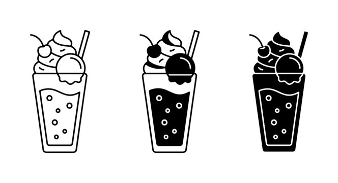 Three stylized vector illustrations of ice cream floats, featuring outline, solid black, and silhouette designs, perfect for beverage menus, cafe branding, and summer promotions.