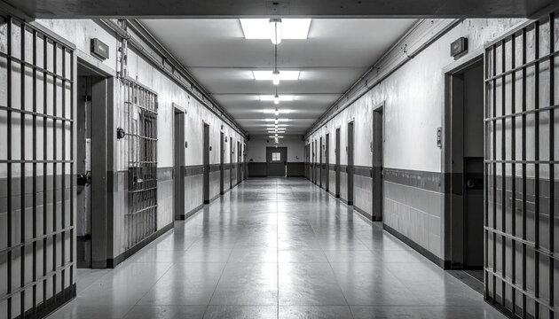 刑務所の廊下に並ぶ鉄格子と独房のモノクロ写真
