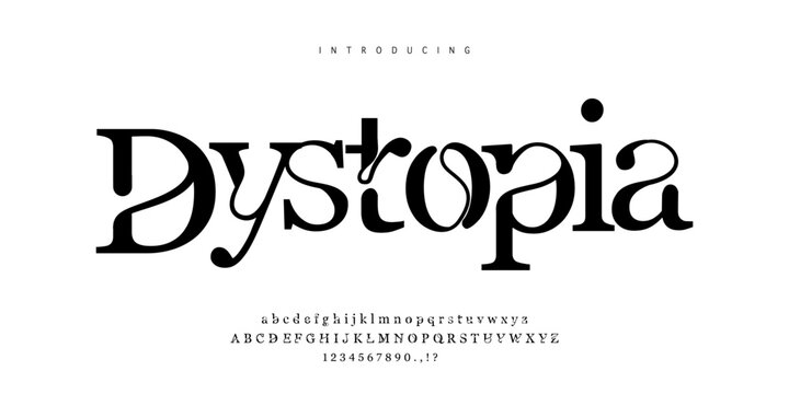 Dystopia: An elegant decorative serif. Modern experimental typeface for luxury branding, fashion logos, and editorial art.