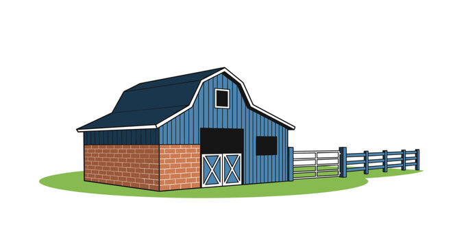 Traditional blue barn with a brick base and white double doors standing in a green field with a wooden fence.