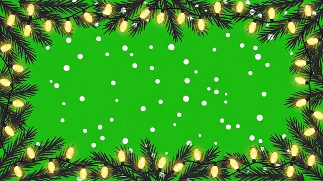 Festive evergreen pine border with warm holiday lights and falling snow on bright green chroma background 4K loop