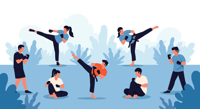 Group of active people is practicing different martial arts movements in an outdoor park setting with blue foliage in the background area.