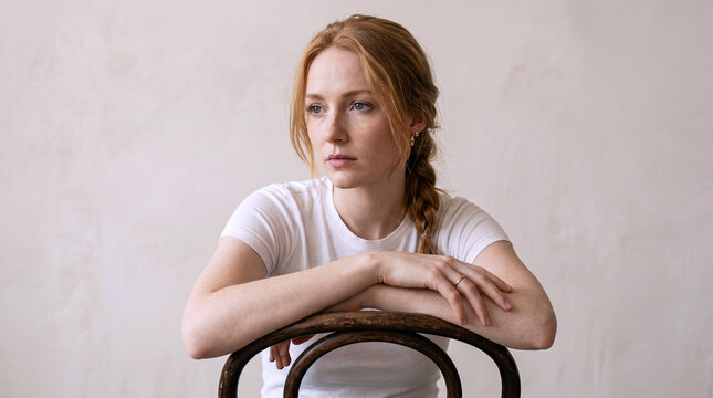 Pensive young redhead woman with freckles and braid resting arms on chair back in minimal studio