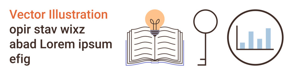 Education, creativity, analysis, business, learning, innovation. Open book with a glowing light bulb, key and bar chart. Education and creativity illustrated with symbolic elements © robu_s