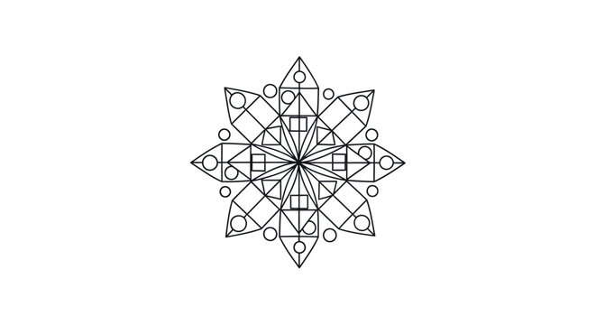 Intricate black outline mandala pattern with geometric shapes, isolated white background.