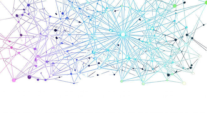 Abstract network of glowing blue and purple nodes connected by thin lines on a black background, representing digital data connectivity