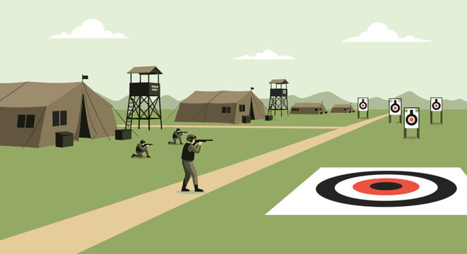 Military training facility features several tents, watchtowers, and soldiers practicing their shooting skills at targets on a large range.