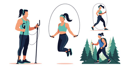 Fototapeta premium Set of flat vector characters shows people engaged in various fitness activities like jumping rope and hiking in a forest landscape area.