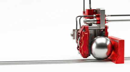 Naklejka premium Red brake caliper halting silver metal sphere on rail, industrial braking system close up, mechanical safety device with shiny ball, high precision engineering component