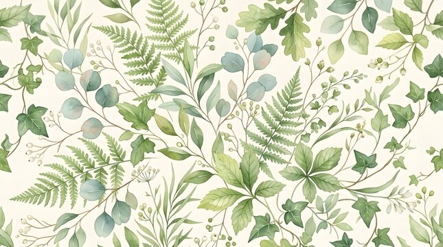 Seamless pattern of watercolor green leaves and ferns on light background