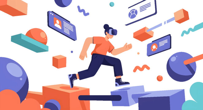 Immersive virtual reality experience with a person wearing a VR headset, navigating a dynamic digital landscape filled with interactive elements and technology.
