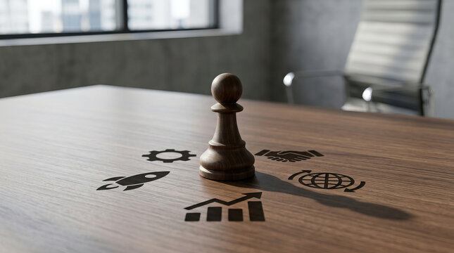 Chess pawn on wooden table with business icons including rocket, gear, handshake, globe, and growth chart symbolizing strategy and success in office environment