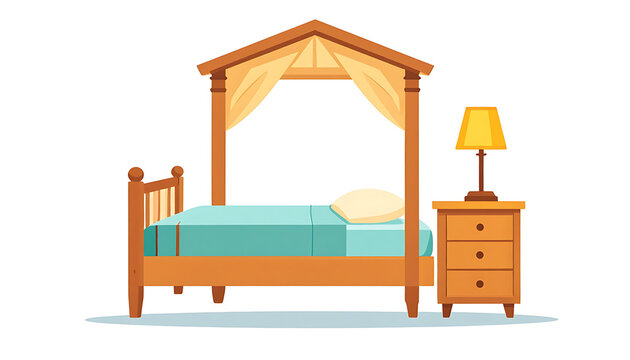 Pixel art canopy bed with teal bedding and bedside table with lamp, inviting bedroom scene