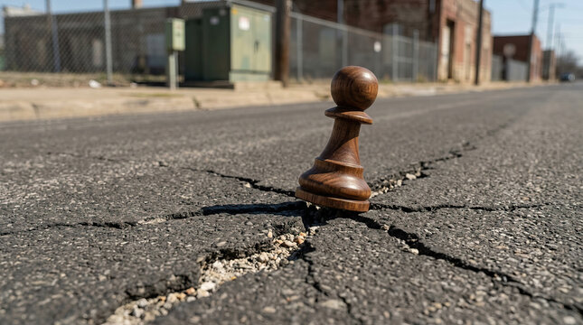 Chess pawn walking on cracked asphalt road in urban area with industrial buildings and chain link fence in background, symbolizing resilience and determination