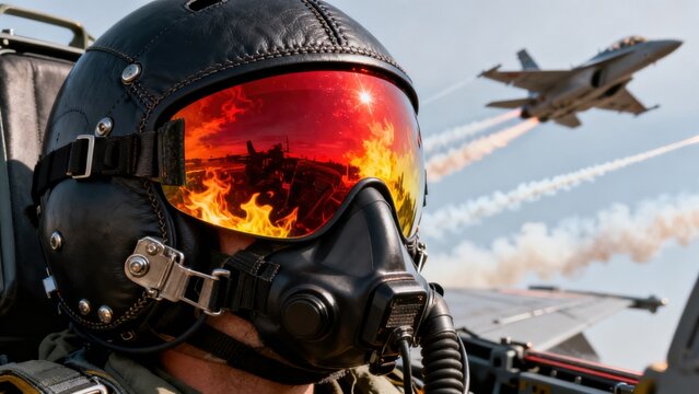 Pilot in cockpit with jet flying